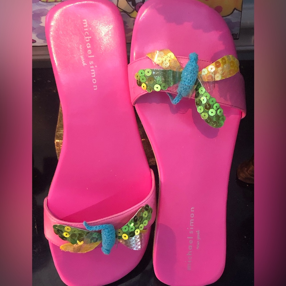 Michael Simon Hot Pink Sequin Butterfly Slide Sandals